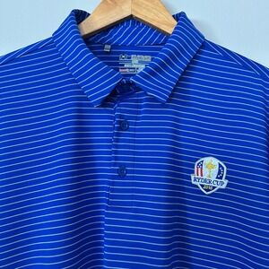 Under Armour Polo Shirt Mens 2XL Blue Ryder Cup 2018 Striped HeatGear Golf Loose